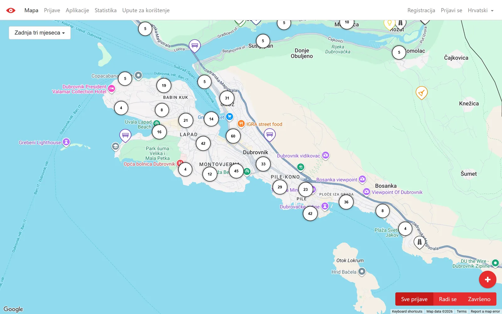 Dubrovačko oko map of Dubrovnik with reports grouped into numbered clusters and category pins