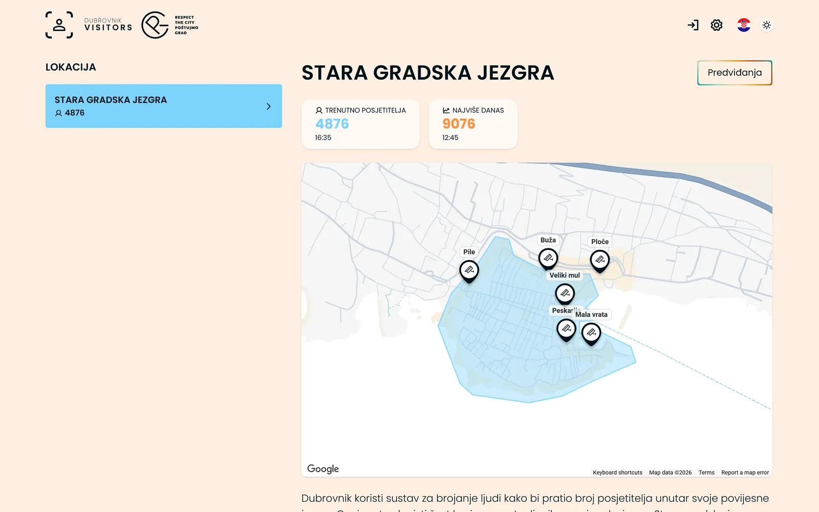 Dubrovnik Visitors: 4,876 people in the Old Town now, 9,076 at the peak today, and a map of the six counted entrances