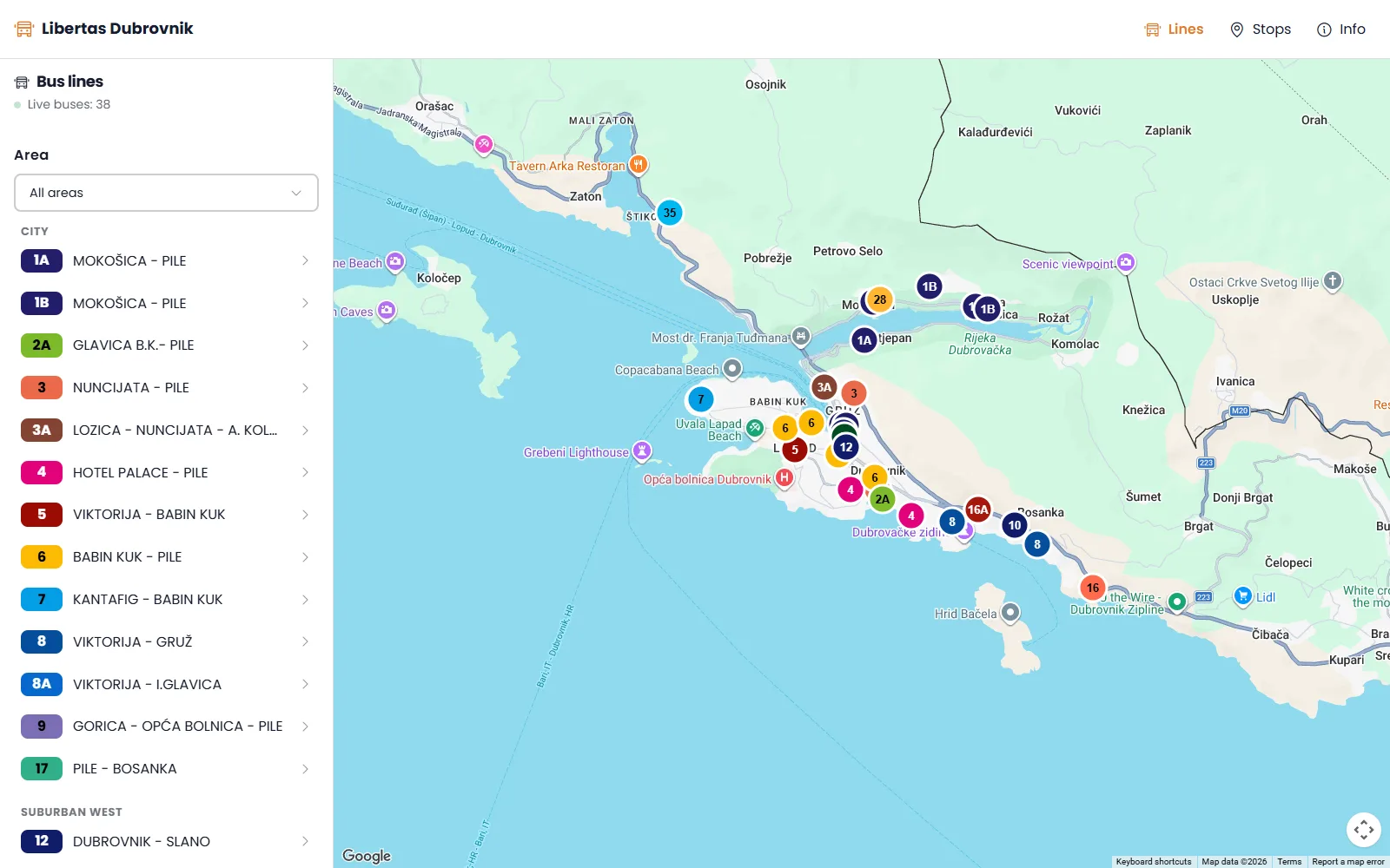 Libertas bus lines grouped into city, suburban west and suburban east, next to a map of Dubrovnik with 38 live buses